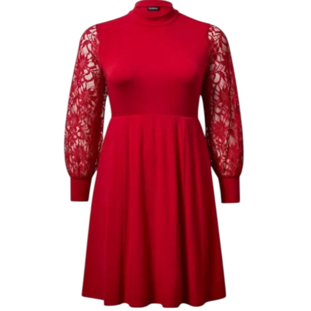 Torrid Red Lace Sleeve Mock Neck Skater Dress Plus Size 3X NWT Knee Length - Picture 5 of 6